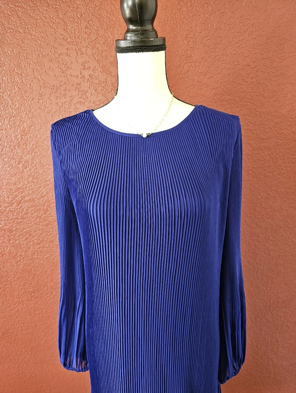 DKNY Cobalt Blue Pleated Long-Sleeve Shift Dress - Picture 3 of 11